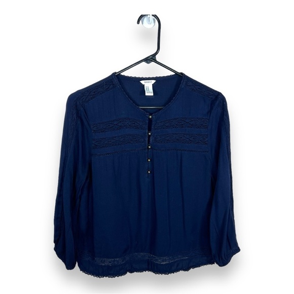 MEDIUM FOREVER 21 DARK BLUE PEASANT BOHO BLOUSE LIGHTWEIGHT BOHEMIAN - Picture 1 of 8